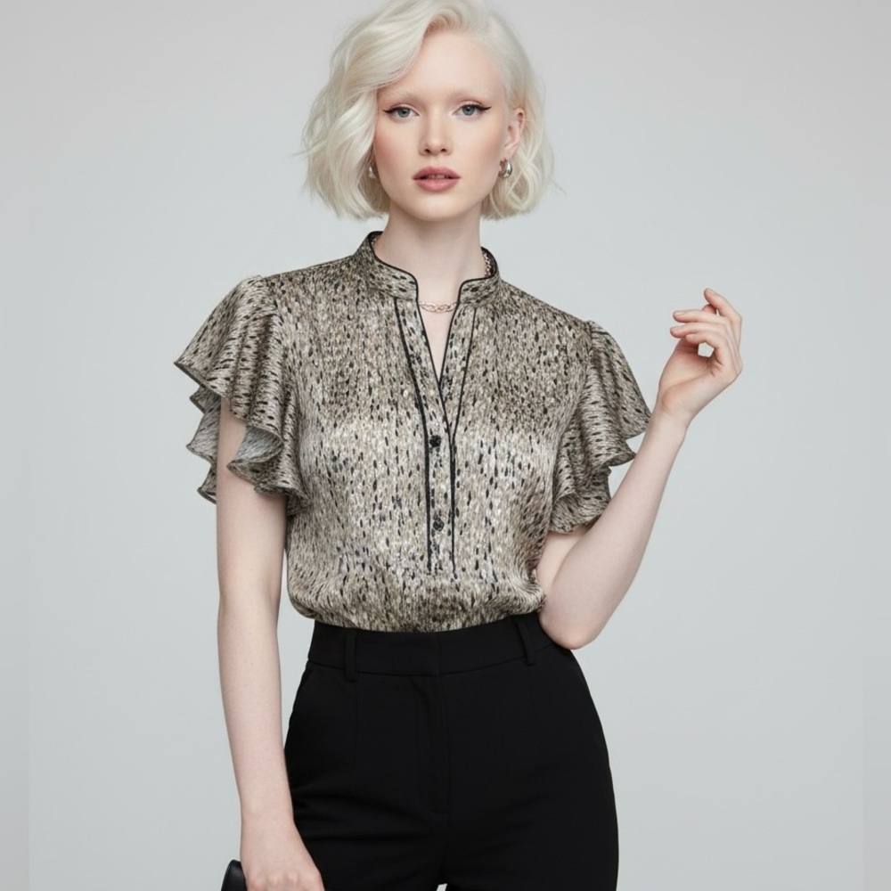 George Women’s Blouse Pull Over Ruffle Sleeve V-Neck Buttons Tie Waist Size M